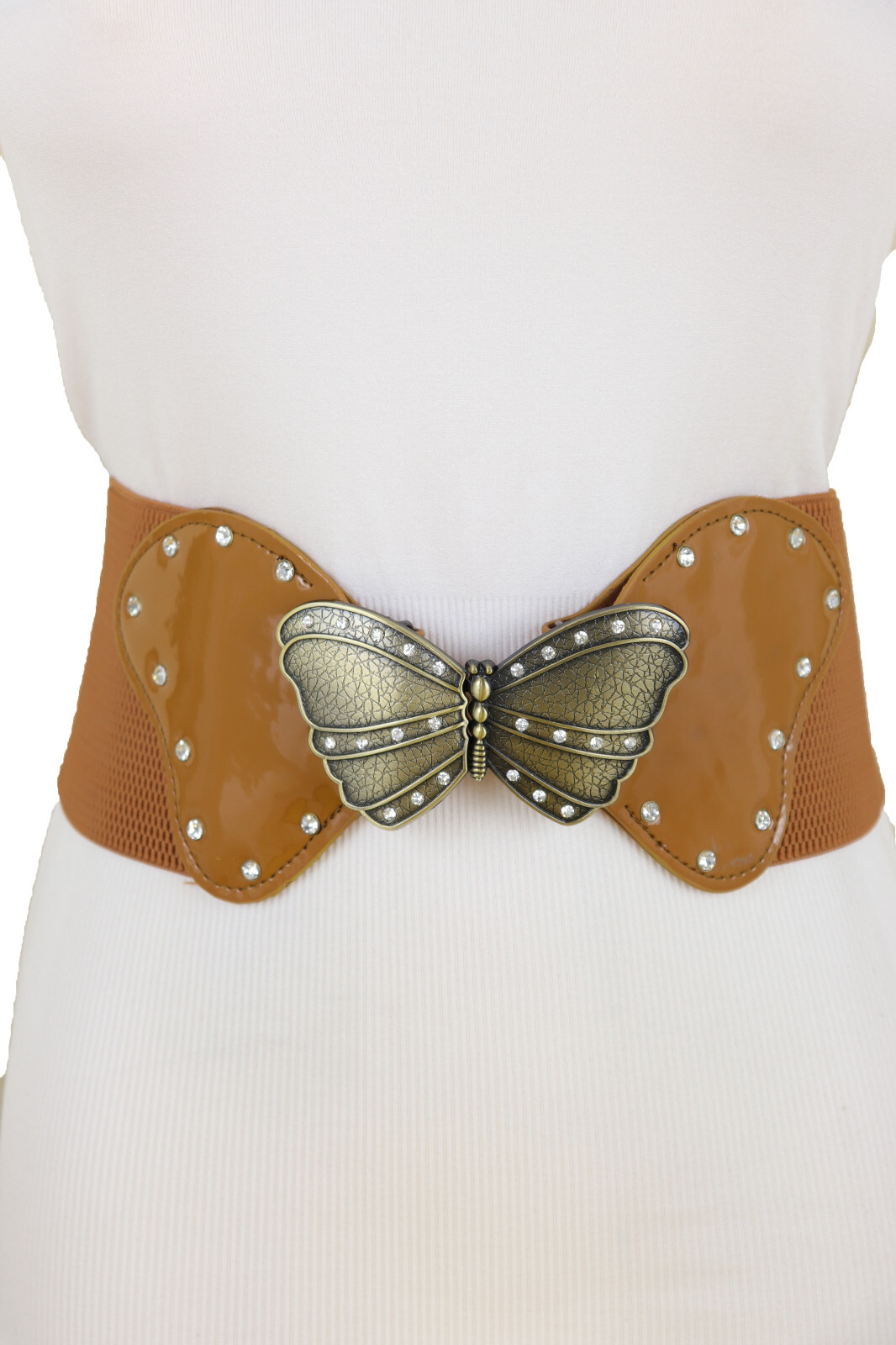 Women Brown Elastic Wide Waistband Fashion Belt Butterfly Buckle Adjustable S M