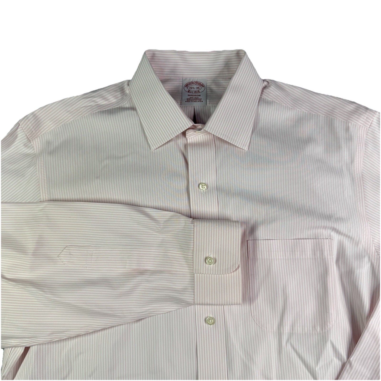 Brooks Brothers Madison Dress Shirt Men’s 15 1/2 x 35 Pink Stripe Spread Collar