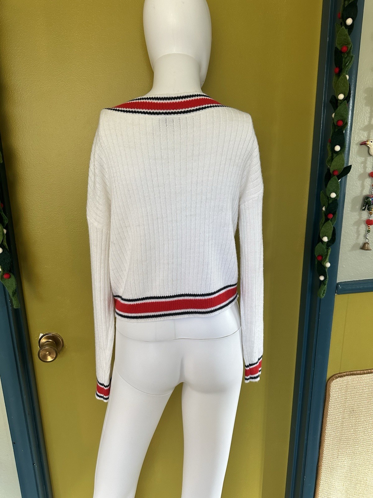 Divided – College prep v neck sweater. Red and black stripe on white. Small