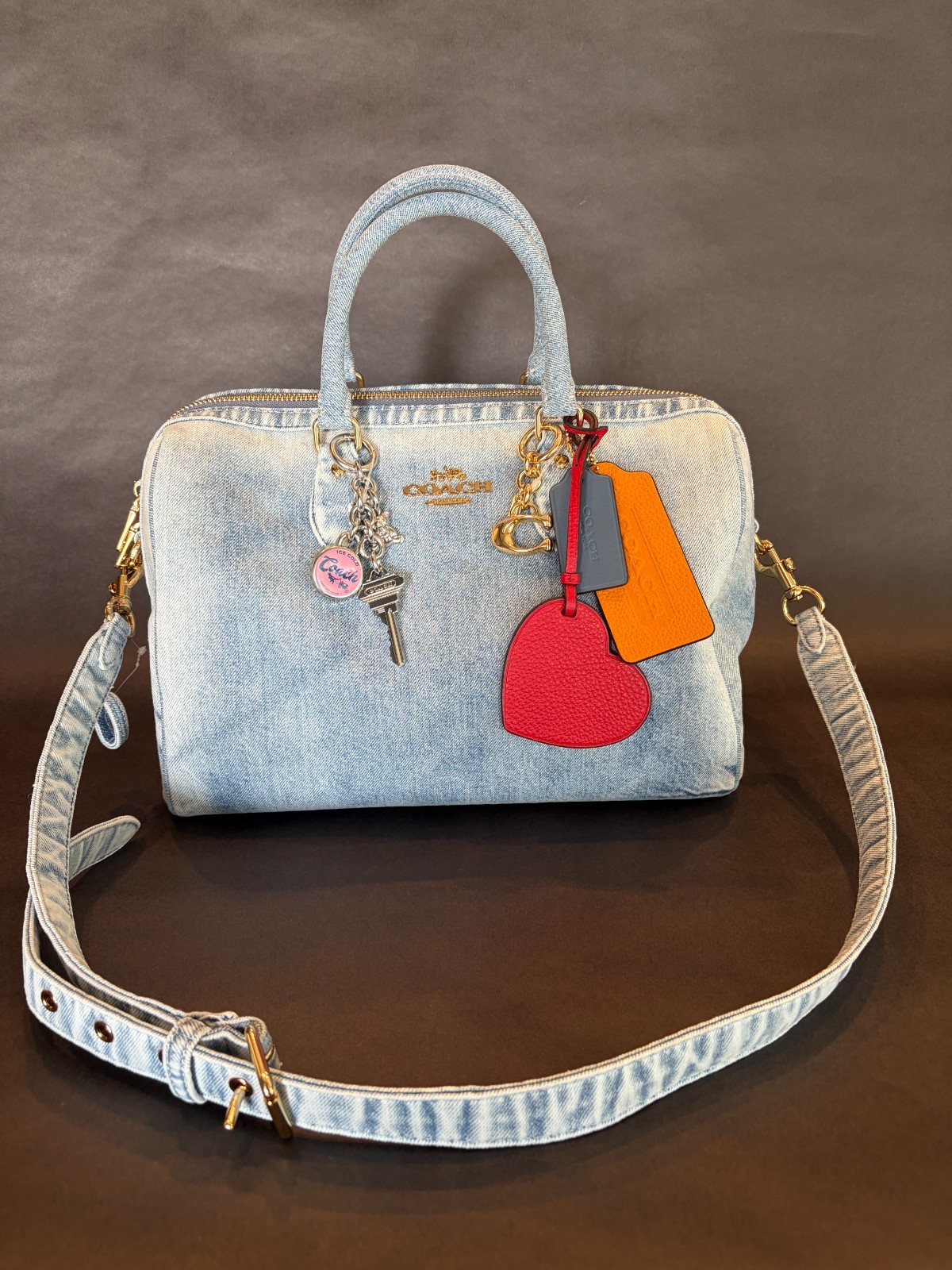 NWT Coach CDY75 Rowan Large Satchel Bag In Loved Denim With Charms Light Indigo