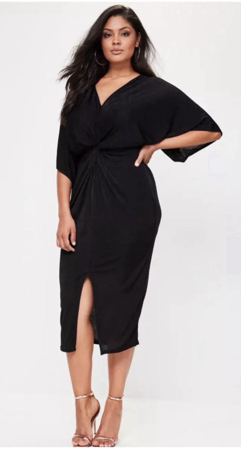 Women’s Lyaner Dress~Kimono Sleeve~Knotted Bodice~Front Slit~Black Sz XXL New!