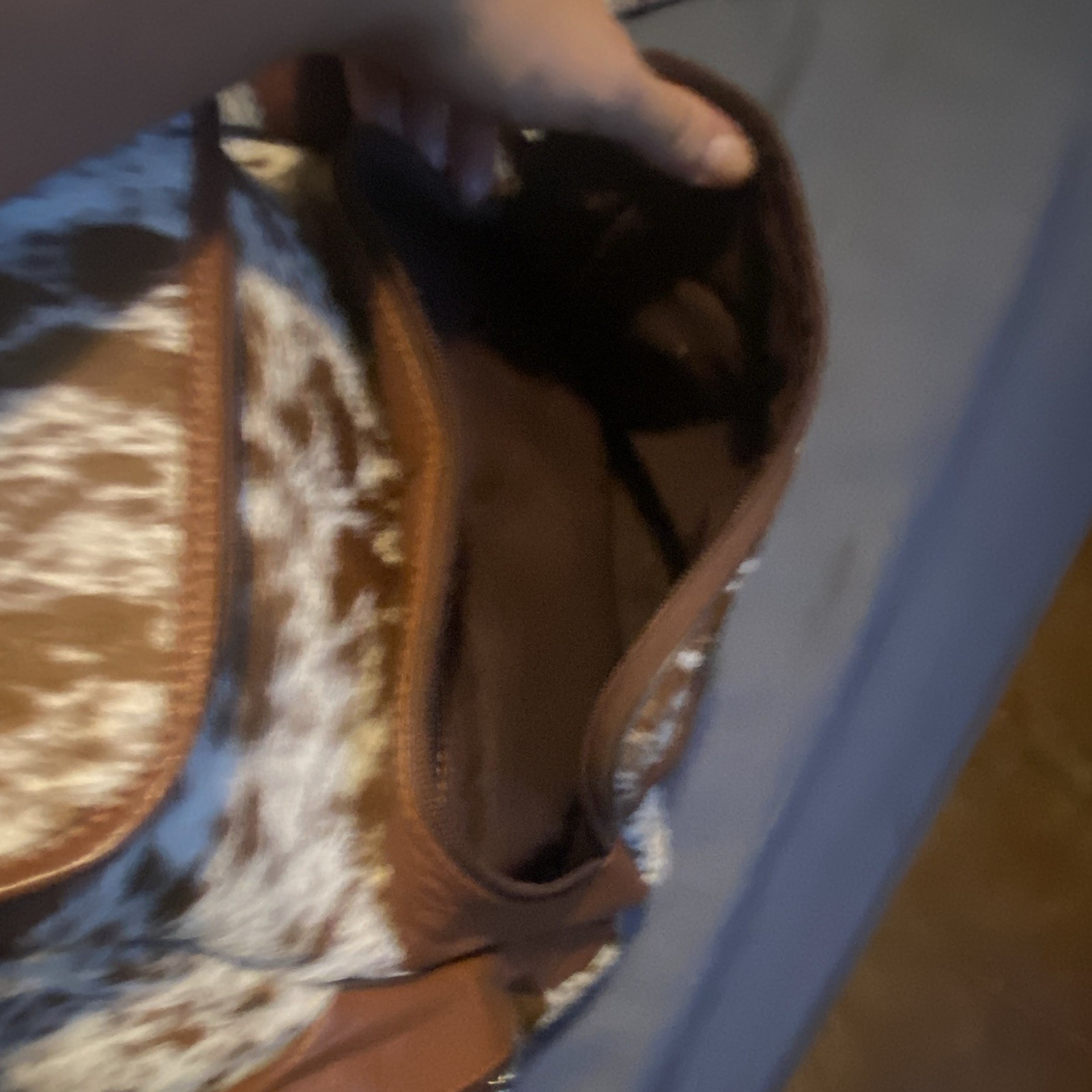 Real Cowhide Backpack Brown/White Zip, Inner Pockets, Adjustable Straps
