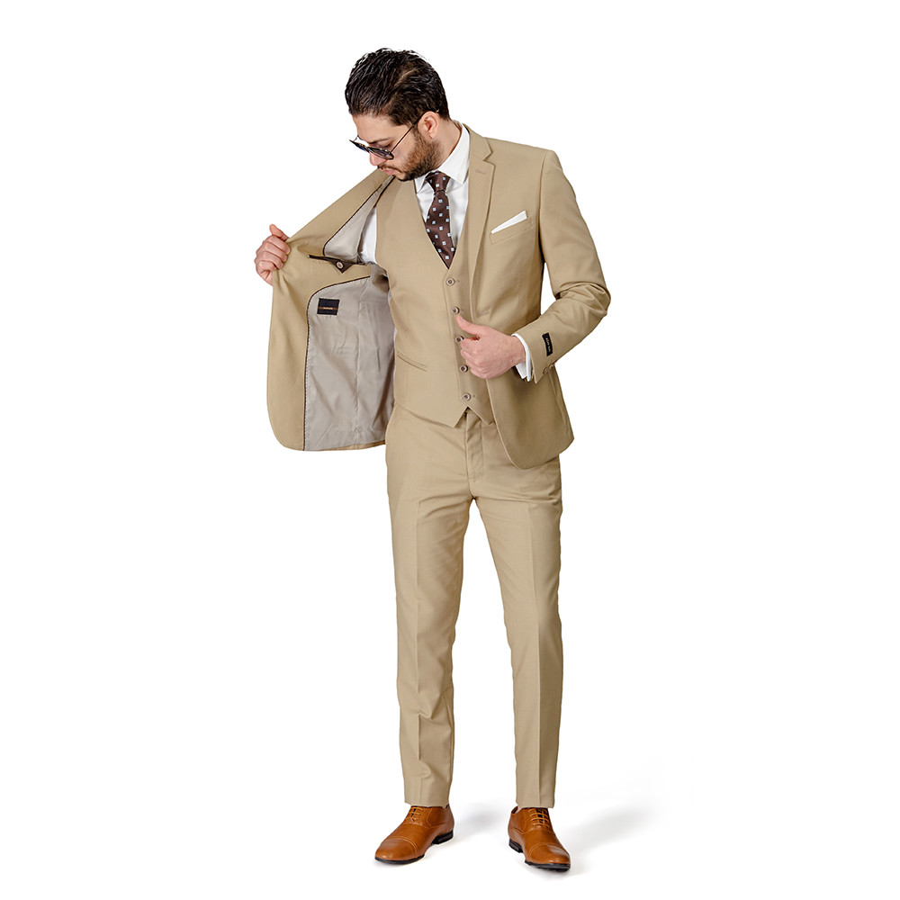 Tan Beige Slim Fit Men Suit 2 Button Notch Lapel Azar Man Vest Optional 4030-10