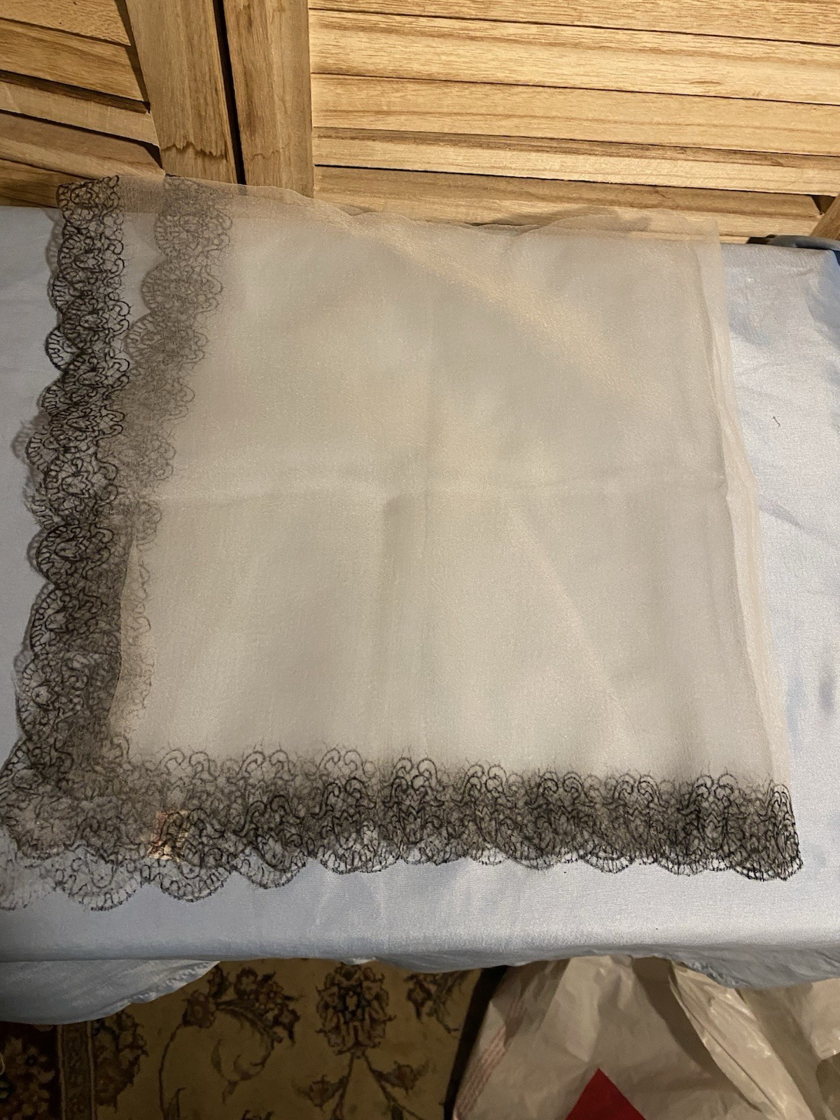 Vintage 60’s Sheer & Black Embellished Trimming Japan Nylon Scarf 21 X 13.5 in