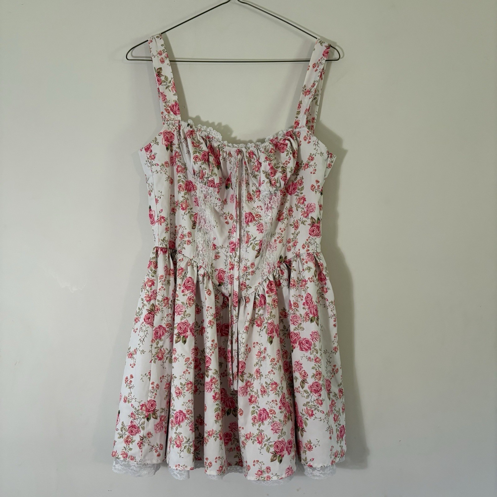 Women’s M White Pink Green Floral Fit & Flare Square Neck Lace Trim Dress