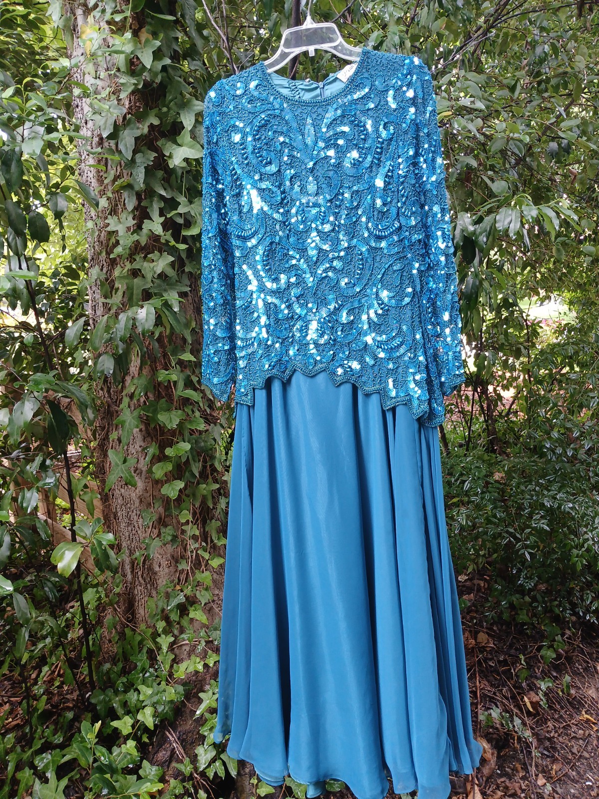 90s Blue Beaded Maxi Dress Ballgown Size Med Prom Vintage Med Turquoise Mermaid