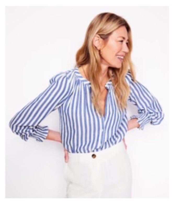 Boden Evie Double Cloth Top Cotton Gauze Button Down Blue White Stripe US 10