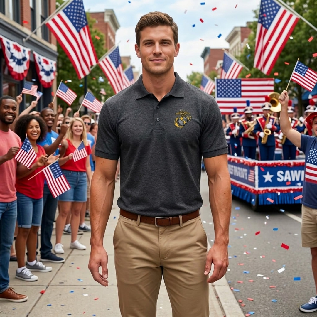 USMC EGA Eagle Globe Anchor Polo Shirt Dark Heather USMC Licensed -all sizes-