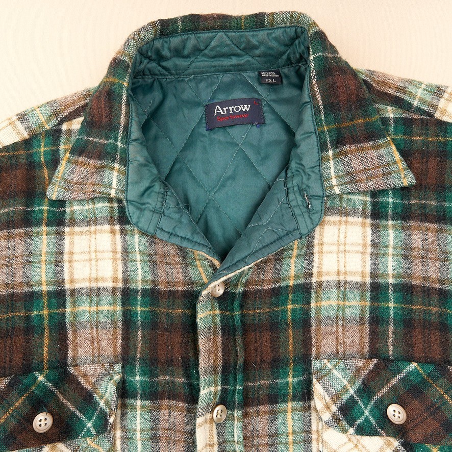 Arrow Sportswear Shacket Mens L Green Brown Plaid Lined Quilted Wool Vintage 70s
