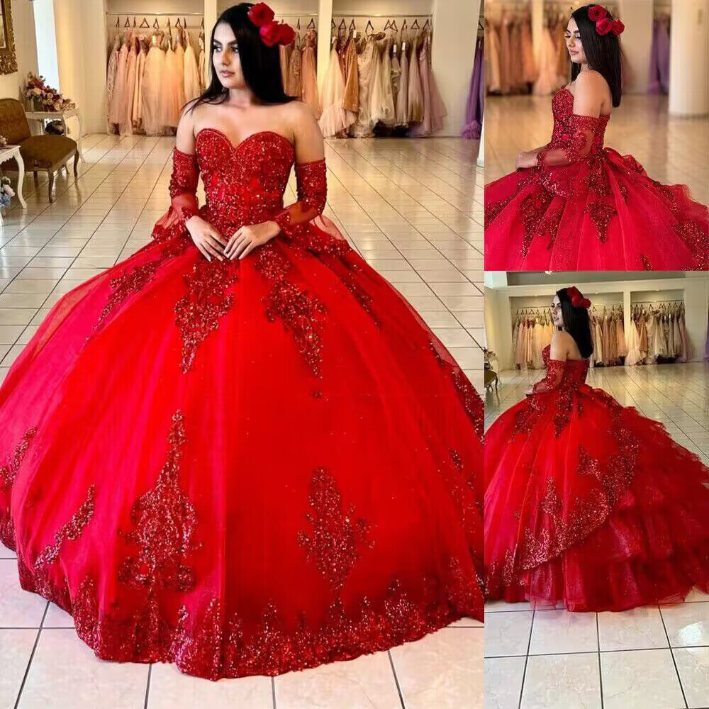 Red Quinceanera Dresses Sweetheart Detachable Sleeves Beaded Ball Gowns Sweet 15