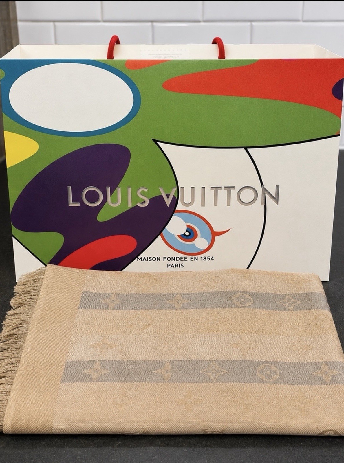Louis Vuitton Monogram So Shine Beige Shawl/Wrap M76337 Fringe Logo
