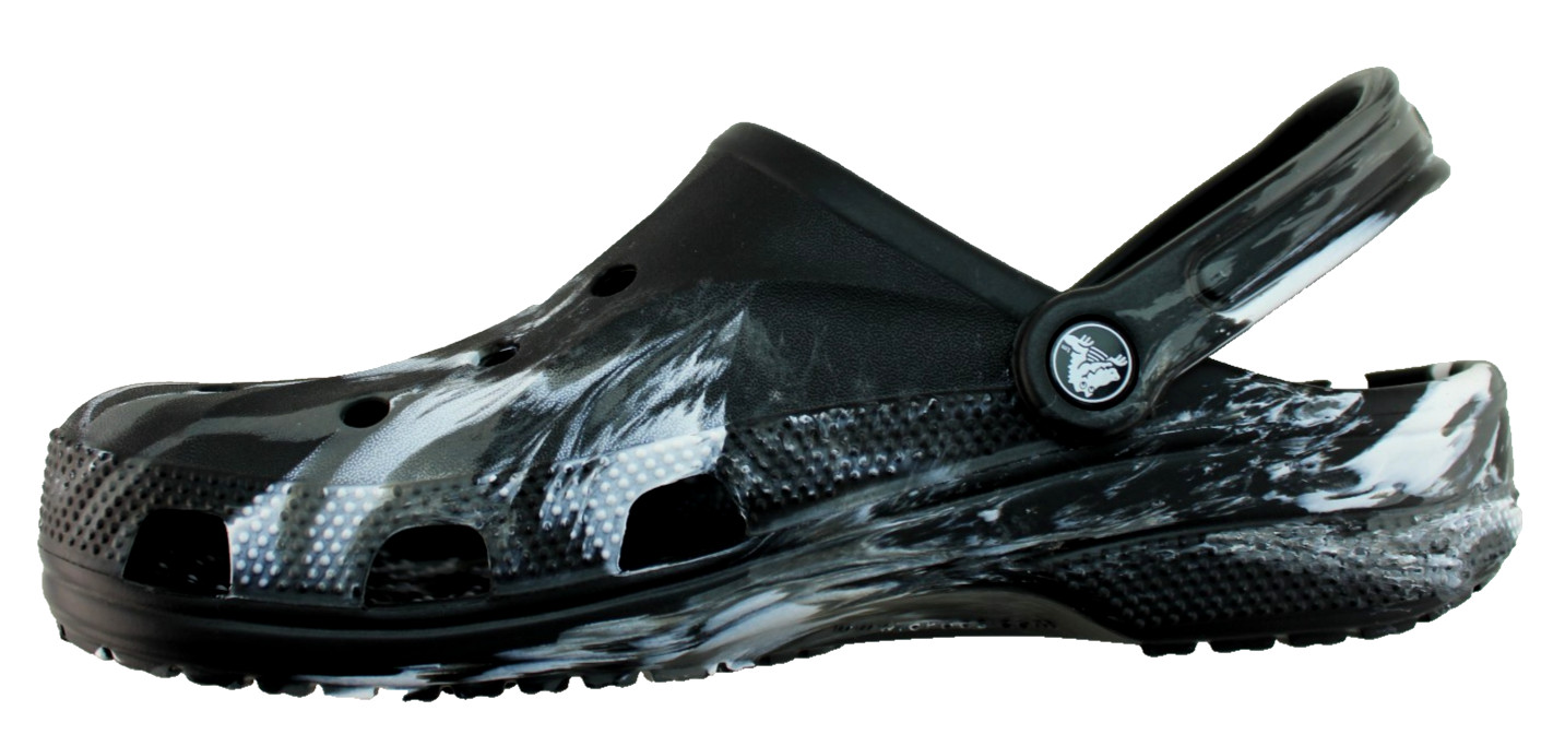 CROCS Baya Men’s 10 Black / White Marbled Croslite Foam Slide Sandals RETAIL $55