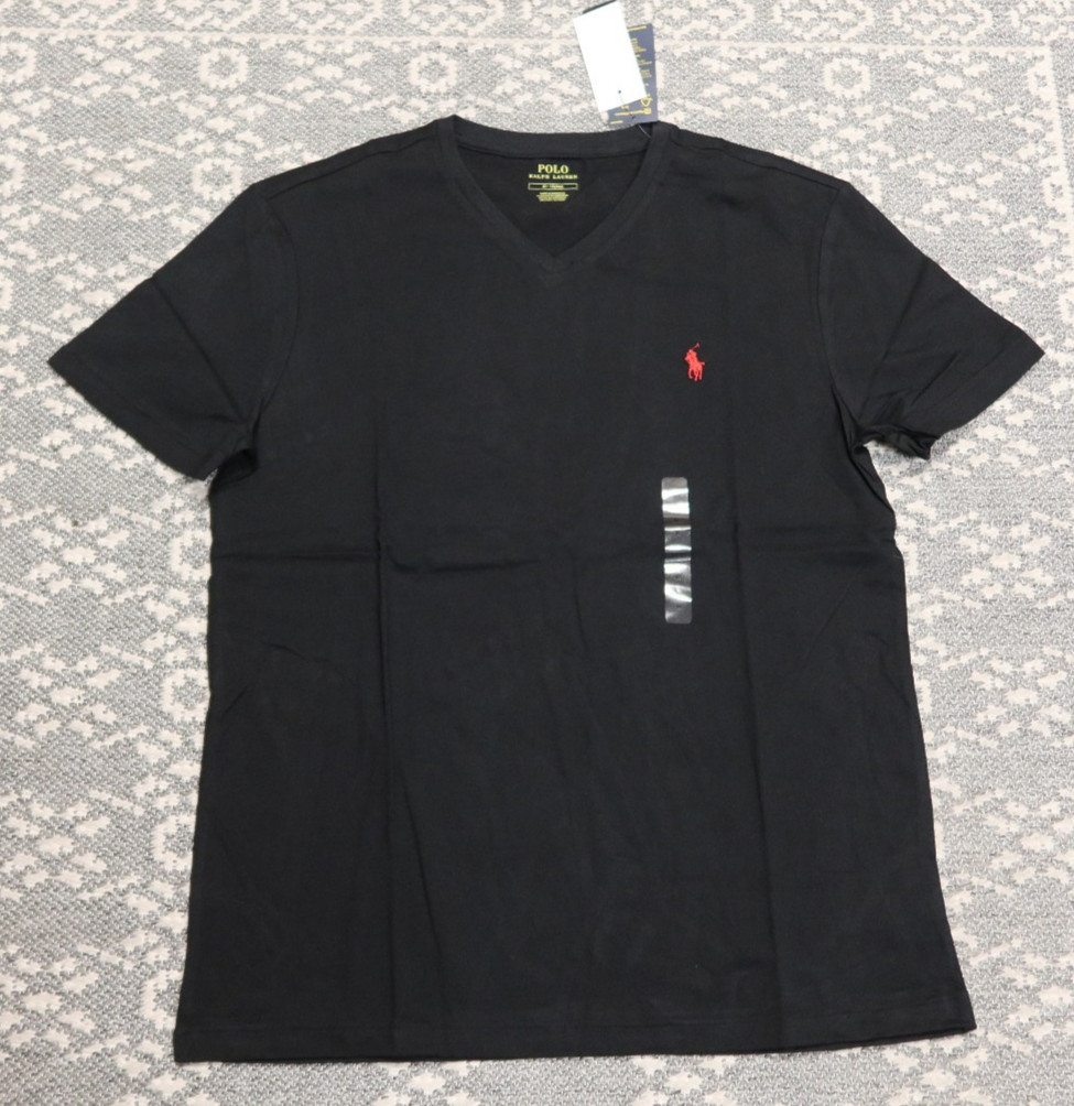 New Polo Ralph Lauren Men’s V-Neck T-Shirt Tee – MEDIUM – Black with Red Logo