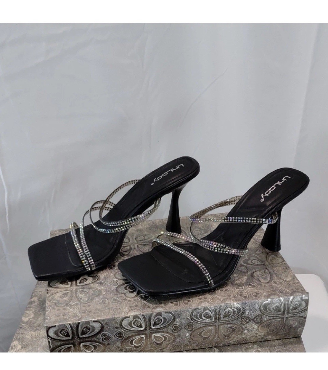 Unlady Black Rhinestone Strappy Heels Sandals 5.5, 7, 8, 8.5, 9 Size chart