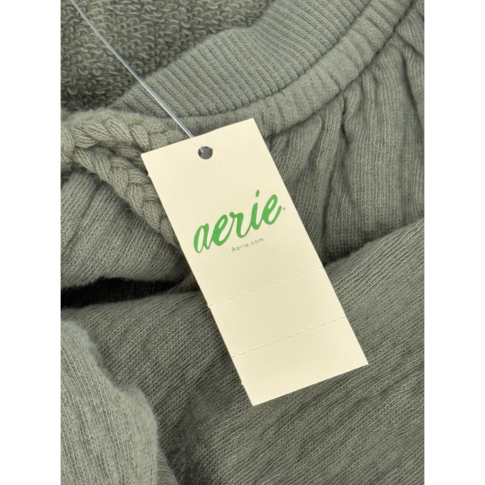 Aerie Olive Green Gauze Tassel Tie Balloon Sleeve Sweatshirt Sz XXS NEW Org $64