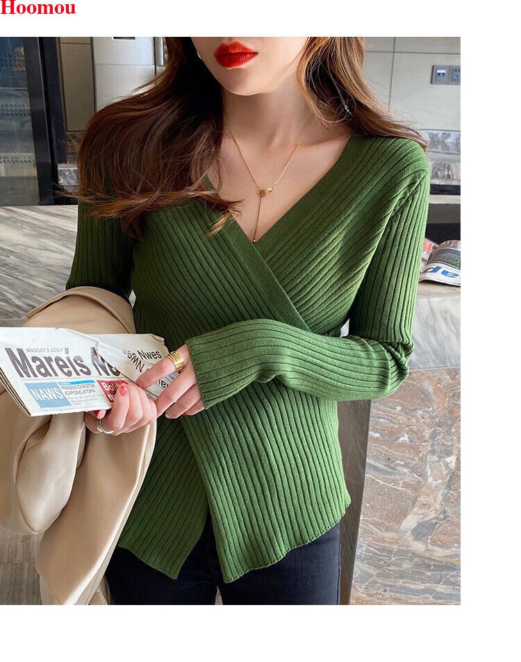 New Korean Womens Cross V-neck Asymmetric Slit Fall Winter Tops Tee Blouse