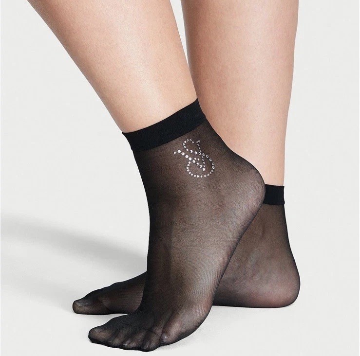 Delicate Victoria’s Secret Rhinestone Logo Sheer Ankle Socks Black S/M