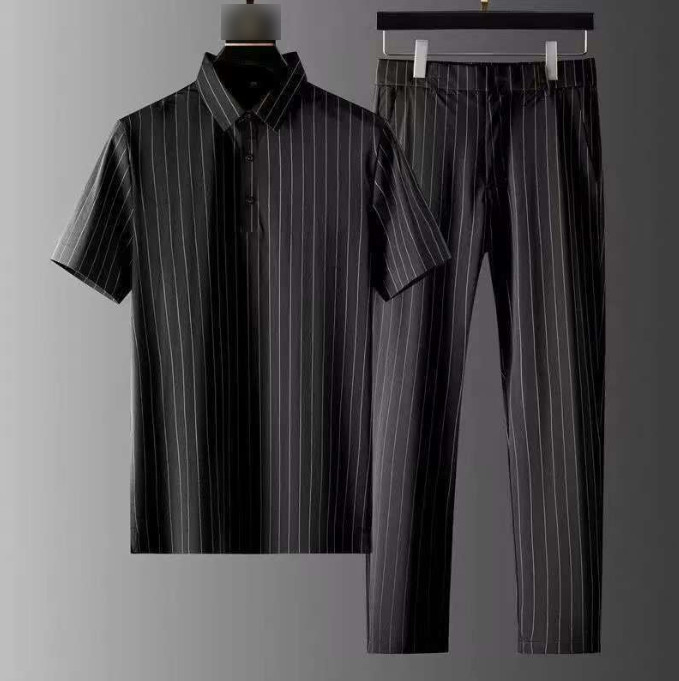 New Summer Ice Silk Mens T-Shirt+Pants Sets Short Sleeve Stripe Thin Outfits Set