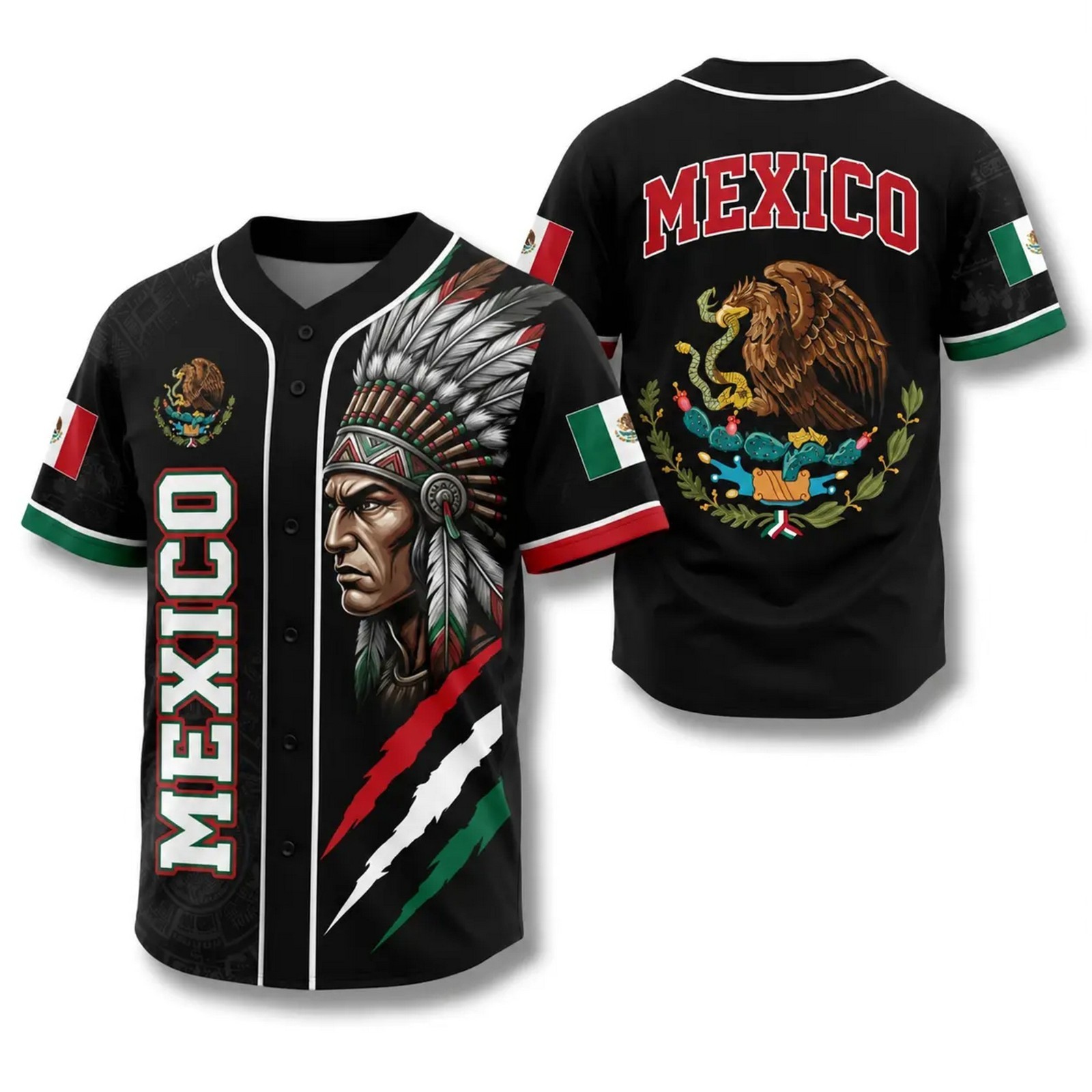 Mexico Baseball Jersey, Aztec Warrior Button Up Shirt, Mexican Flag Eagle Jersey