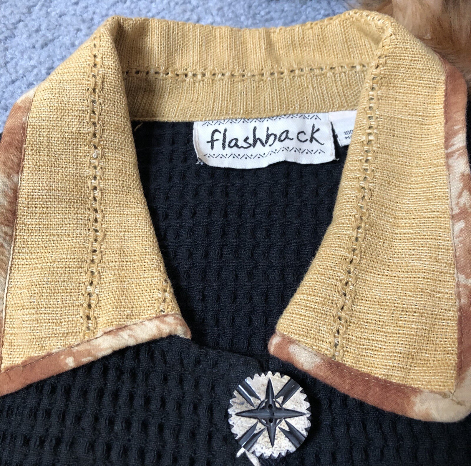 Vtg Waffle Knit Cardigan Jacket Women’s L Black Button Up Pockets Tribal Goth