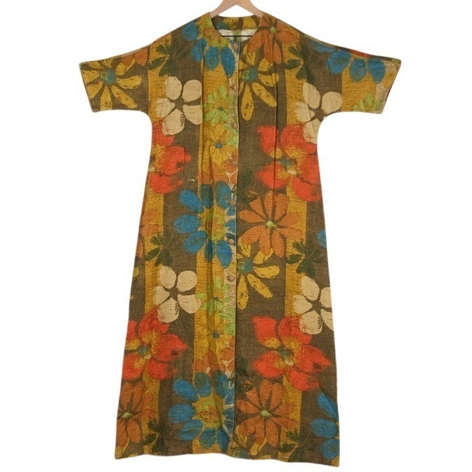 VTG 70s Floral Button Front Maxi Dress Duster Sz L Earthy Retro Homemade