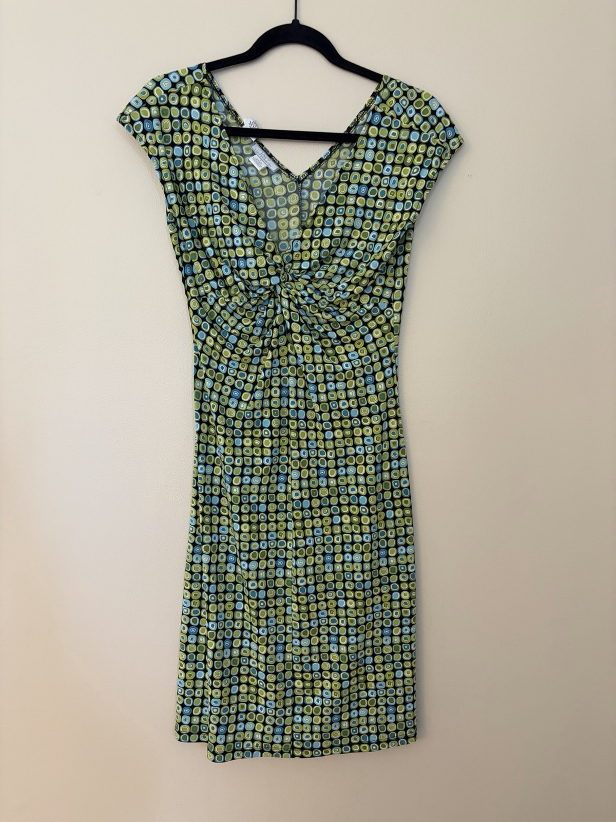Lady Hathaway Green And Black Geometric V Neck Twist Front Retro Dress Sz 6 EUC