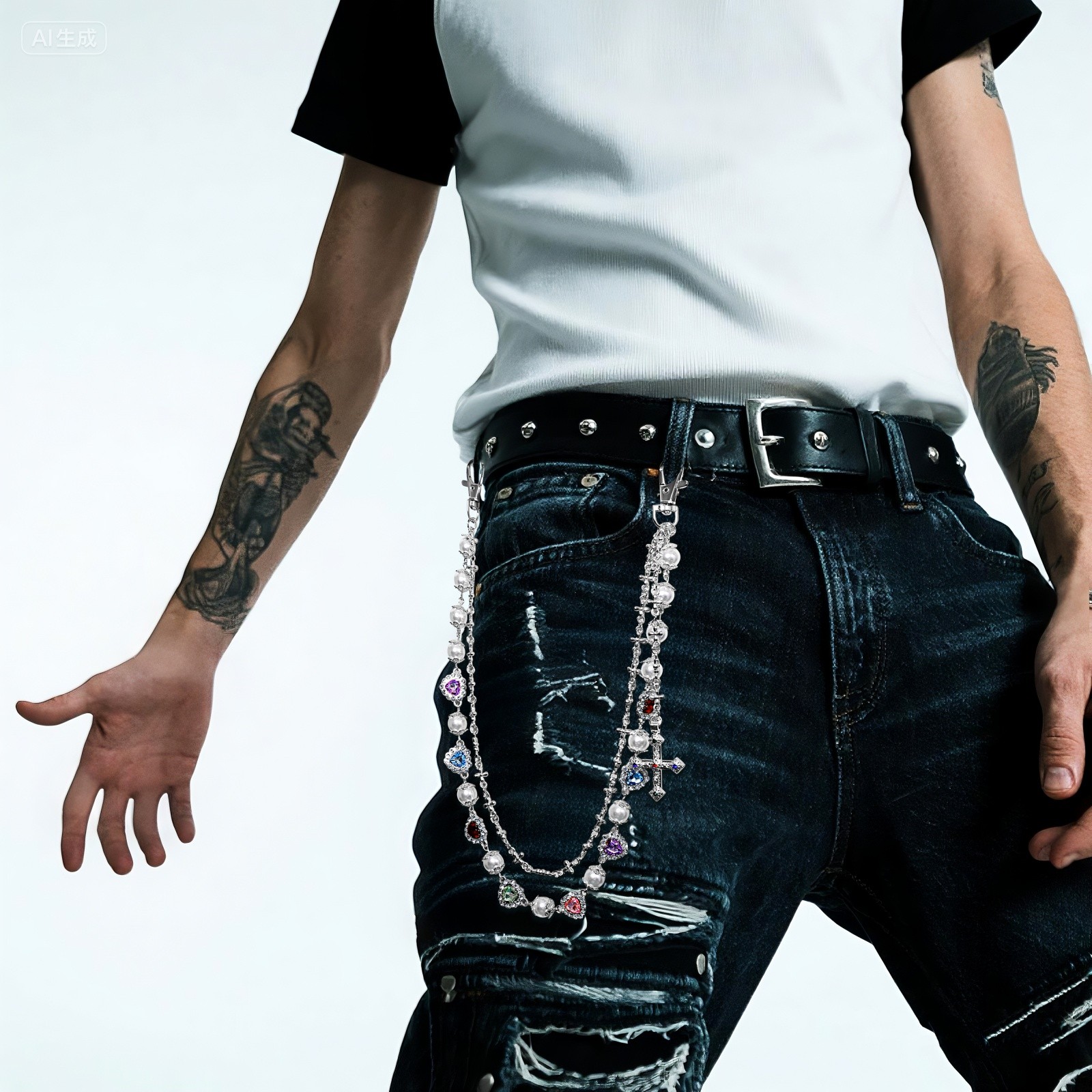 Unisex Hip Hop Punk Double Layer Jeans Chain Pearl Heart Cross Drop Pants Chain