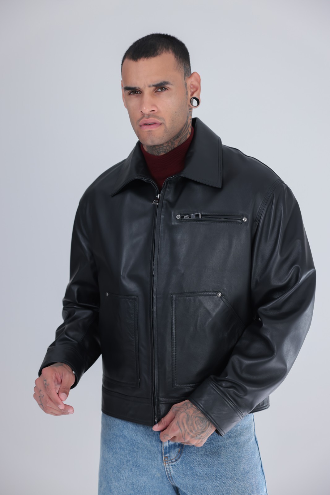 Men’s Genuine Leather Cafe Racer Jacket Black Zip Point Collar 25″ – 65cm