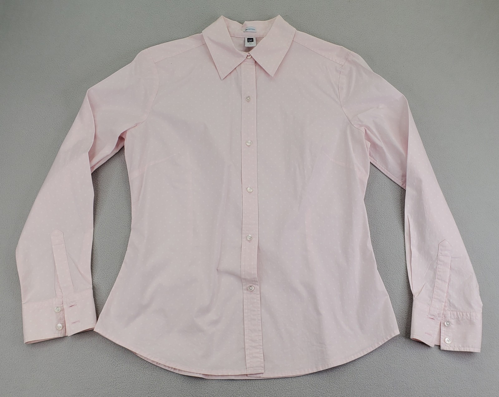 GAP Stretch Button Shirt Women L Soft Pink White Polka Dot Cotton Spandex Fitted