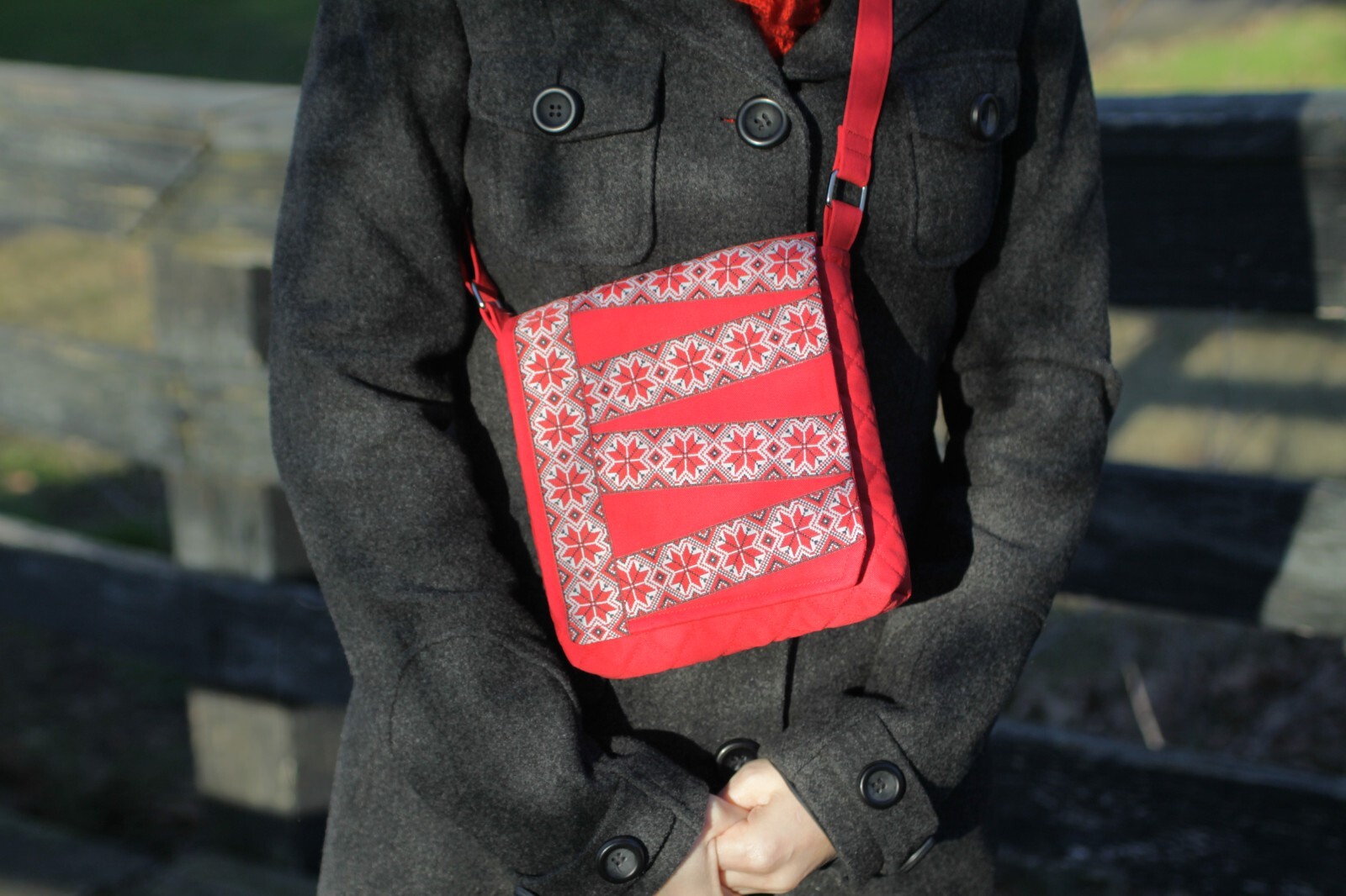 Red Natural Cotton Crossbody Bag Embroidered Adjustable Strap.