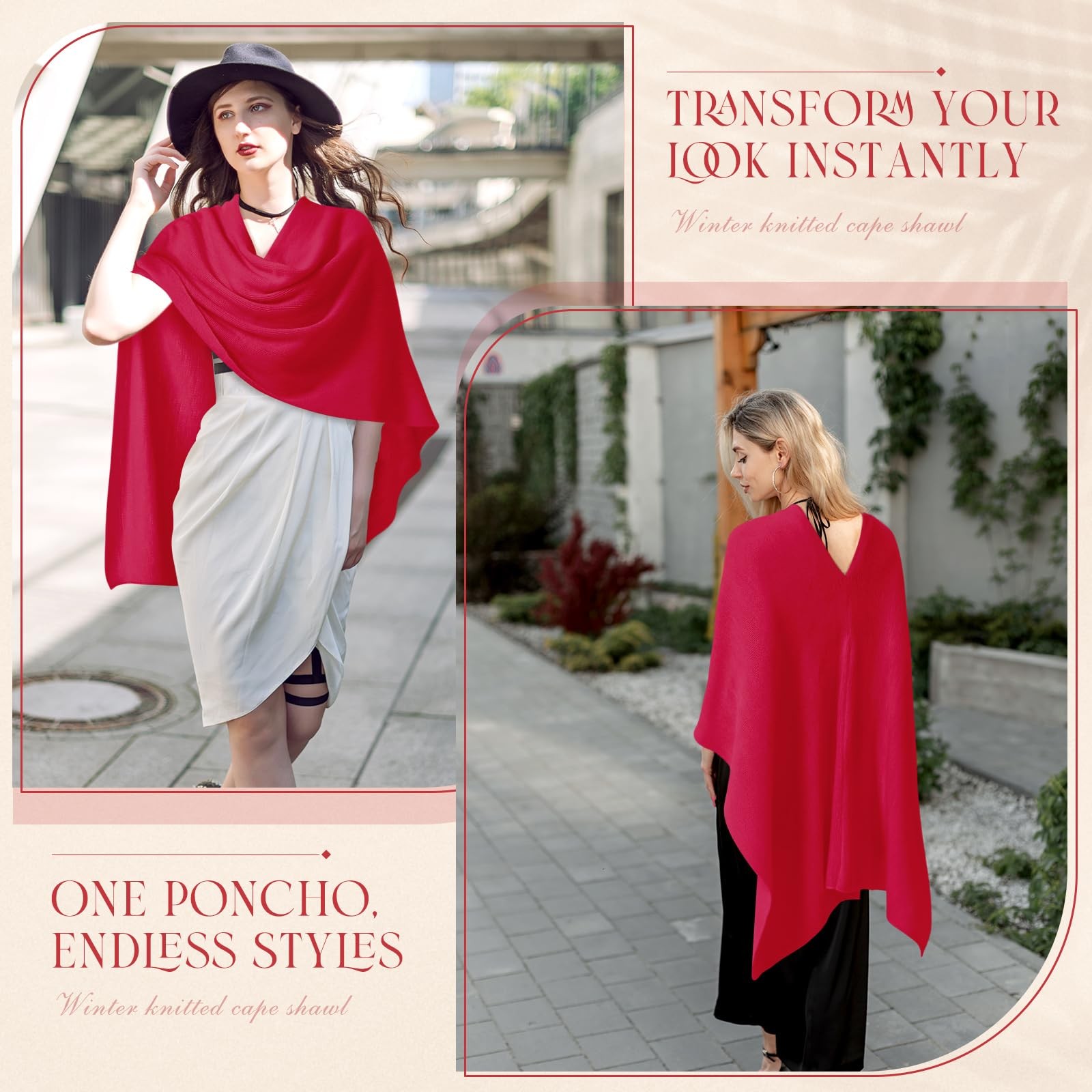 Hercicy Women Ponchos Sweater Solid Knit Versatile Lightweight One Size, Red