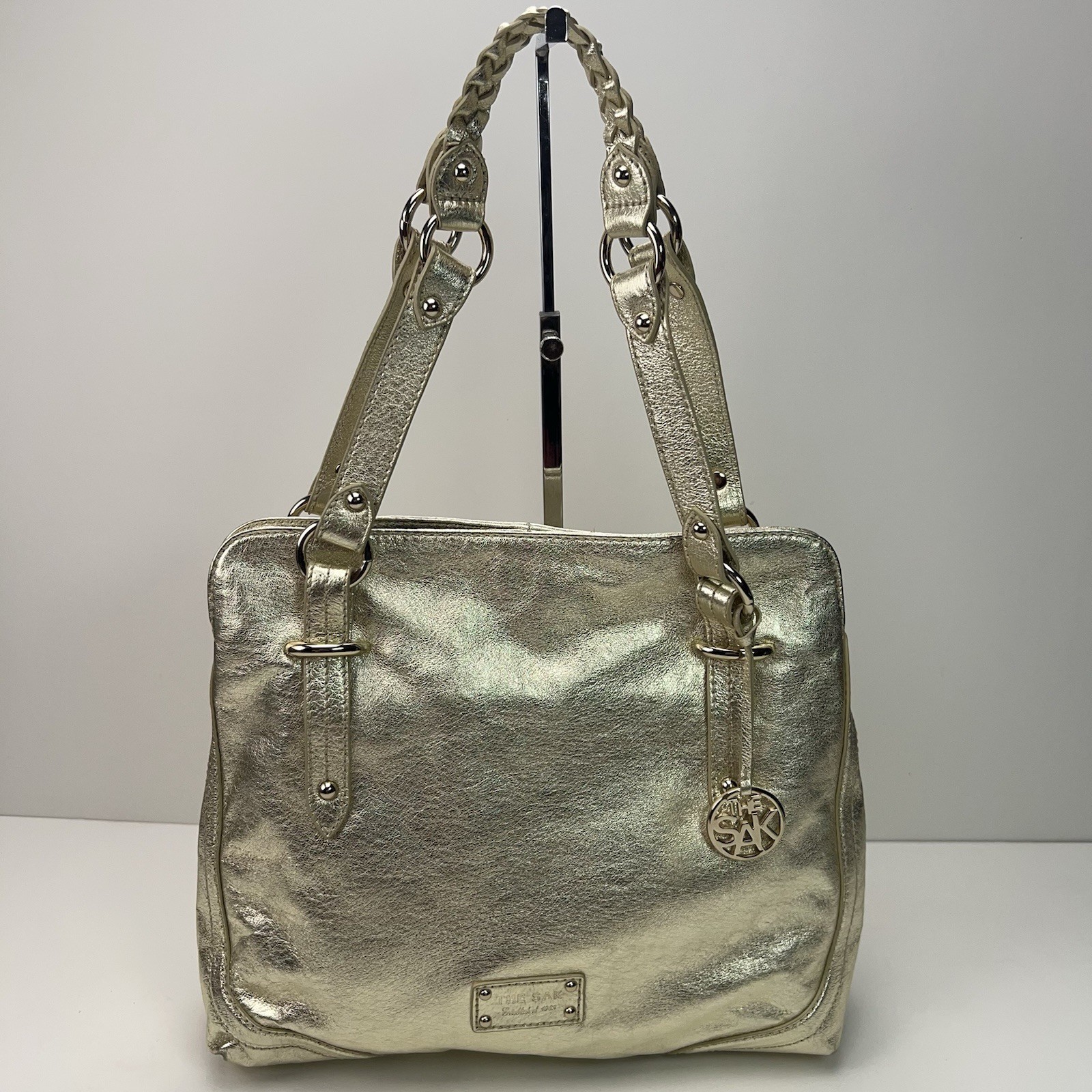 THE SAK Metallic Gold Leather Shoulder Purse Dividers Studded Hobo Handbag Bling