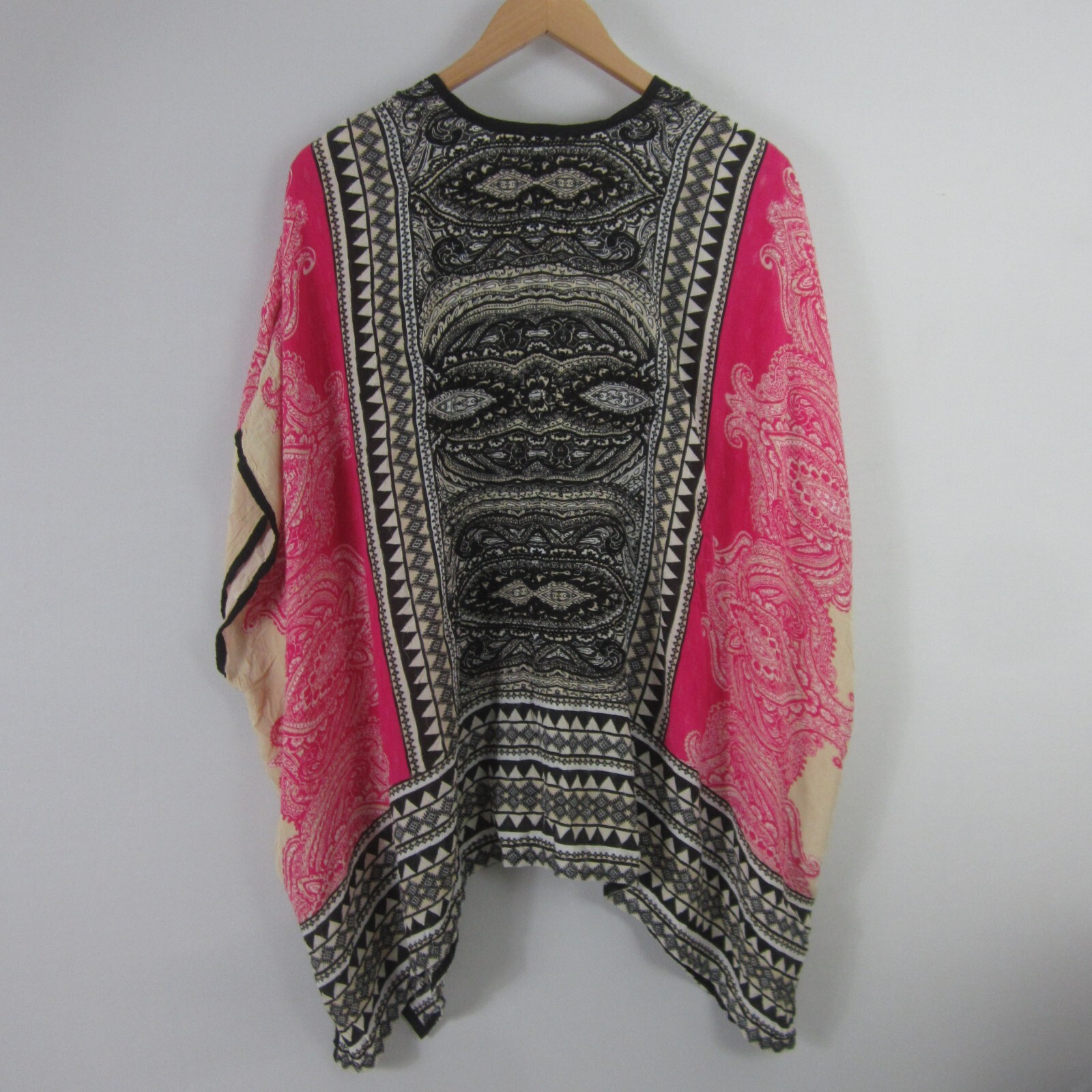 Chicos S / M Pink Black Beige Embroidered Open Front SS Cardigan Boho Paisley
