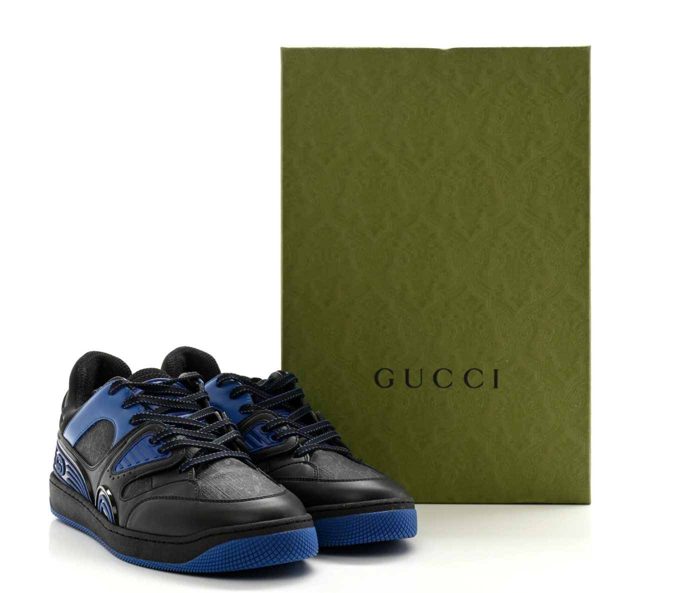 GUCCI GG Supreme Monogram Demetra Mens Basket Low Top Sneakers 8 Blue Black