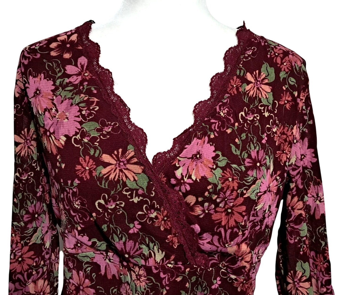 Y2K Axcess Floral Top Womens XL Fairy Grunge Burgundy Blouse 3/4 Sleeve V-Neck L