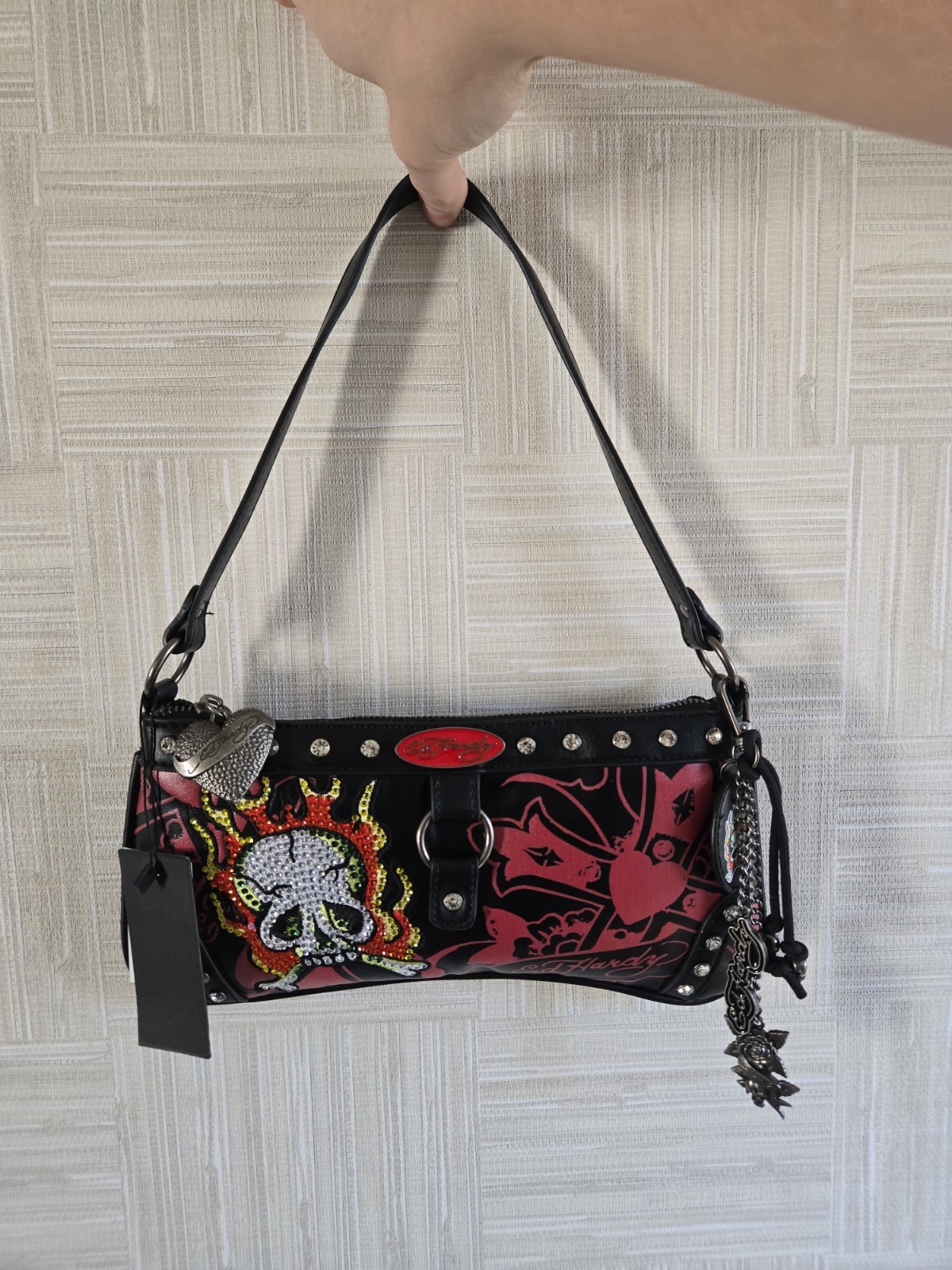 ​🔥 NWT Ed Hardy Y2K Baguette Bag – Rhinestone Skull & Flames – Smooth 🔥