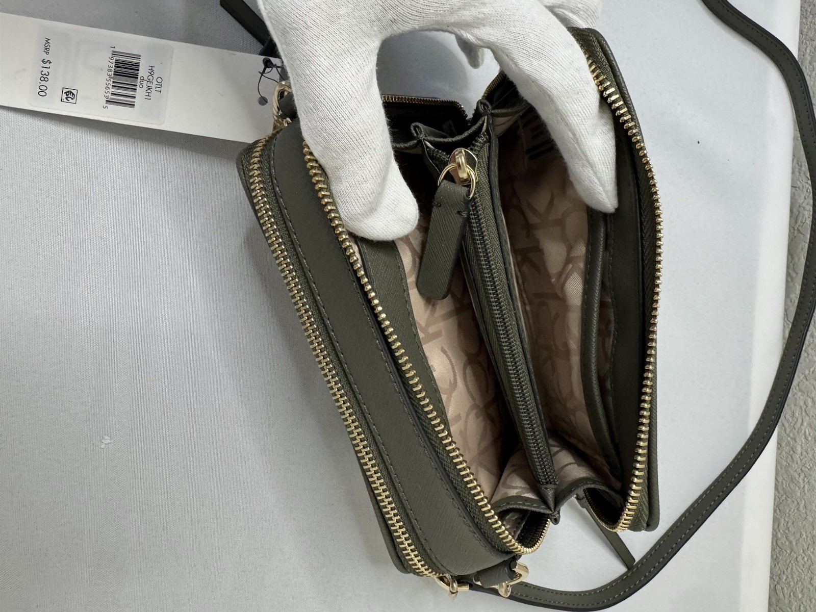 Calvin Klein Marybelle Signature Double Zip Organizational Crossbody bag Khaki