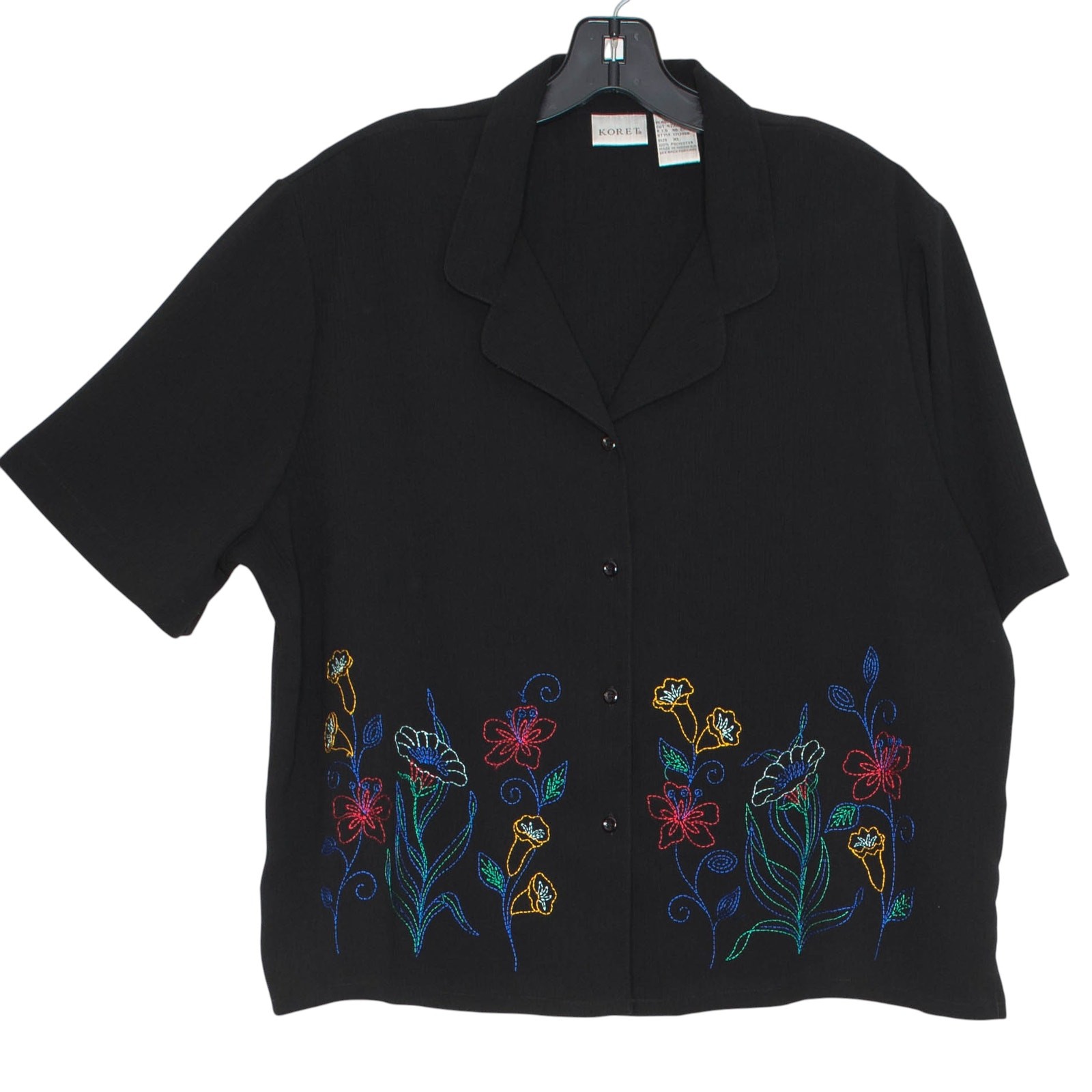 Vintage Top Embroidered Floral Crinkle Button Up Camp Cottagecore 90s Black XL