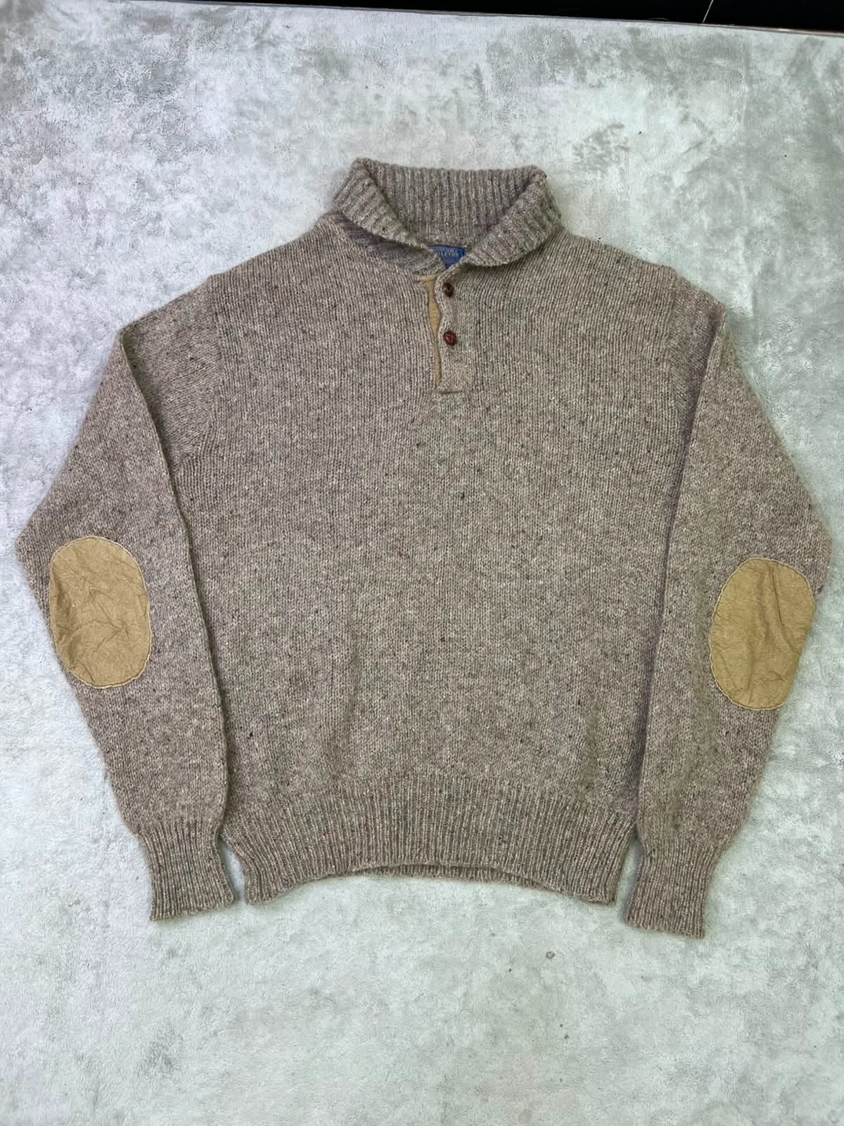 Vintage 1980s Pendleton Pure Virgin Wool Sweater USA Elbow Patch Henley Mock