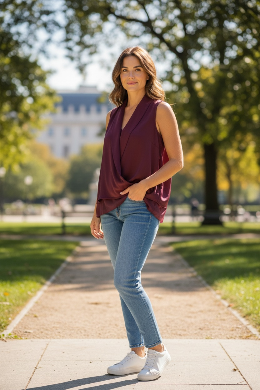 Three Eighty Two Burgundy Drape Neck Sleeveless Blouse