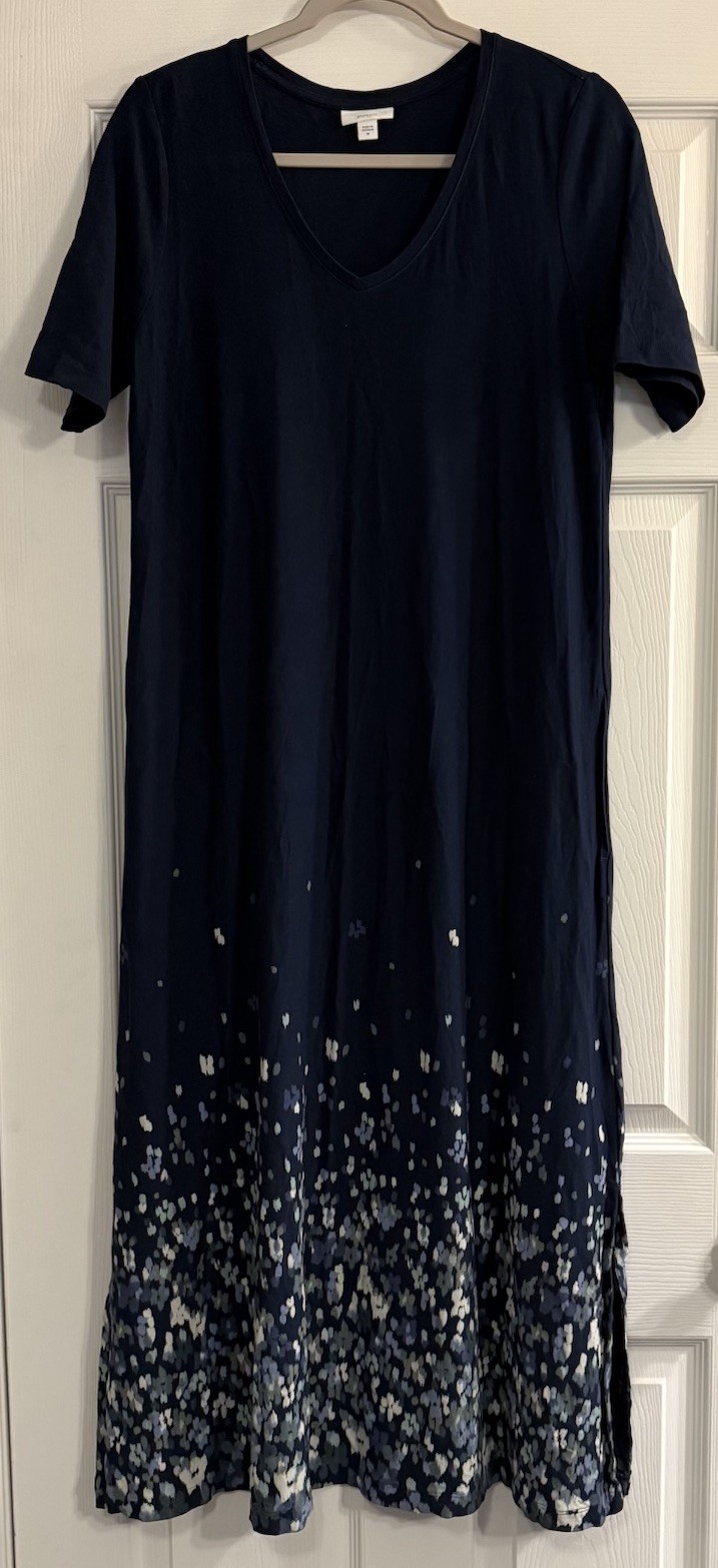 J Jill Pure Jill Maxi Tshirt Dress Sz M Blue Floral Border Modal Casual Long EUC