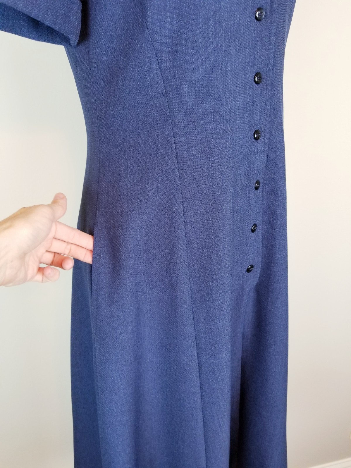 Deep Navy Blue Anne Klein Button Front A Line Midi Dress w/Pockets * Size 4