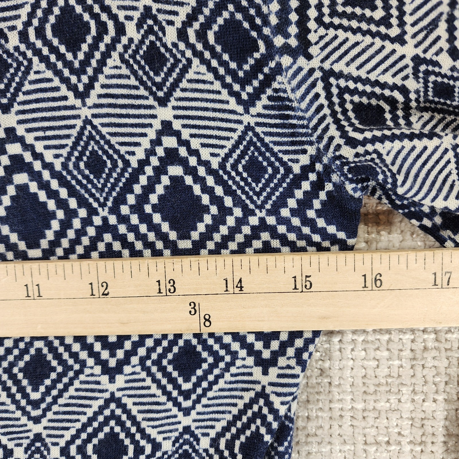 Tory Burch 100% Wool Geometric Print Cardigan Sweater Womens *XS-S Navy Chest 30