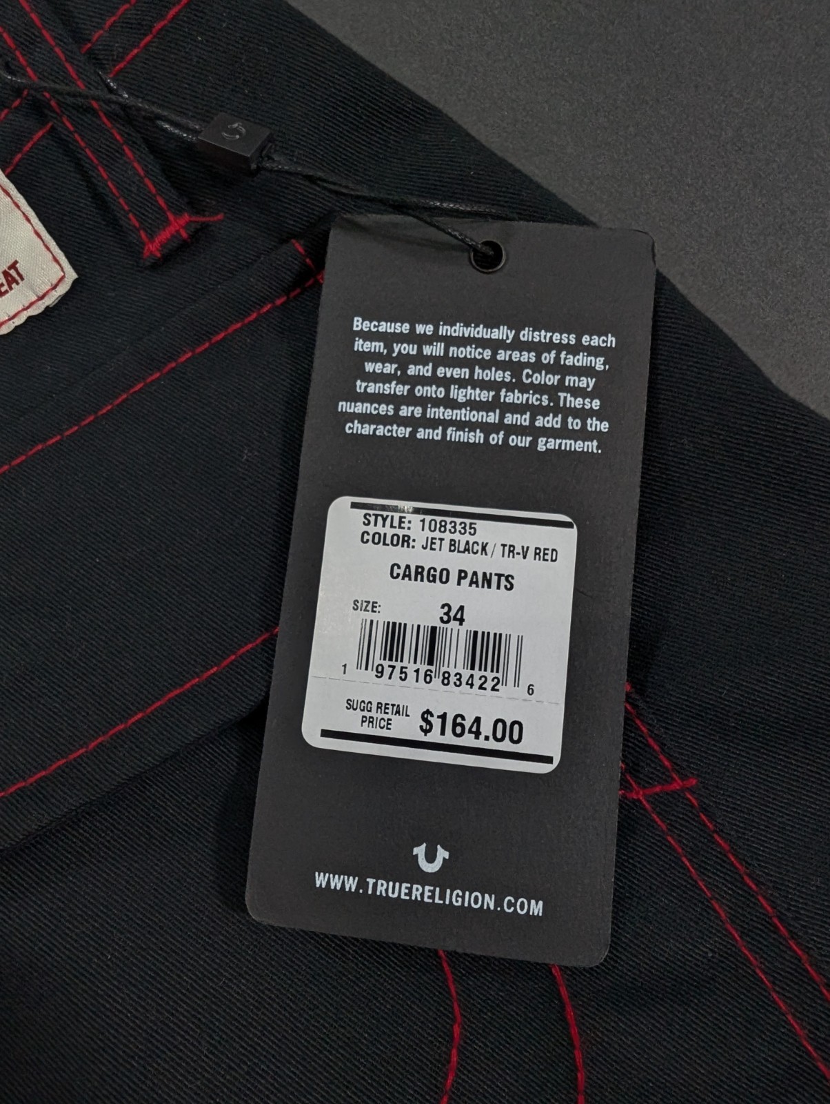 True Religion Jet Black TR-V Red Stitching Men`s 34 36 34×32 36×32 Cargo Pants