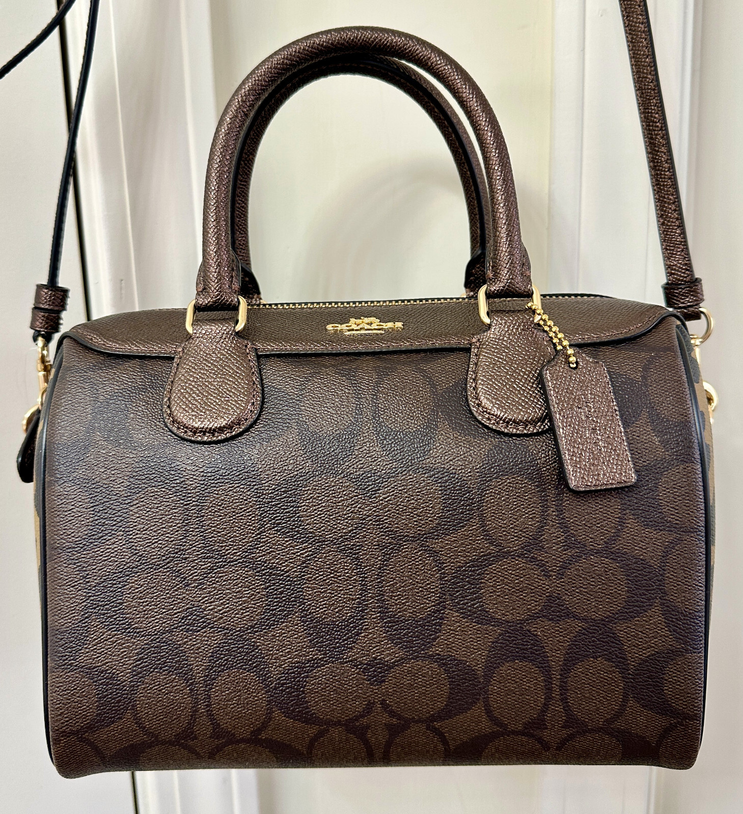 COACH Signature and Leopard Print Mixed Mini Bennett Satchel