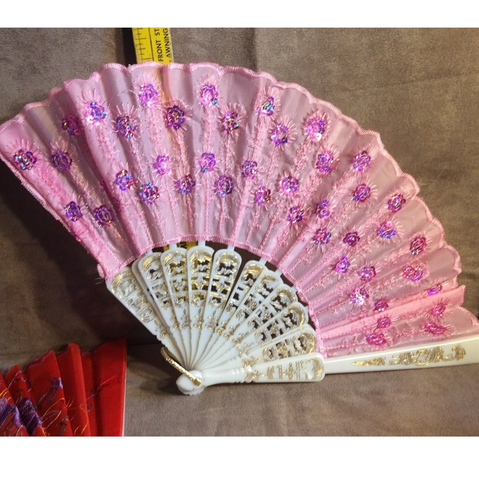 Vintage Small Folding Fan Lot Pink & Red Floral Fabric & Plastic