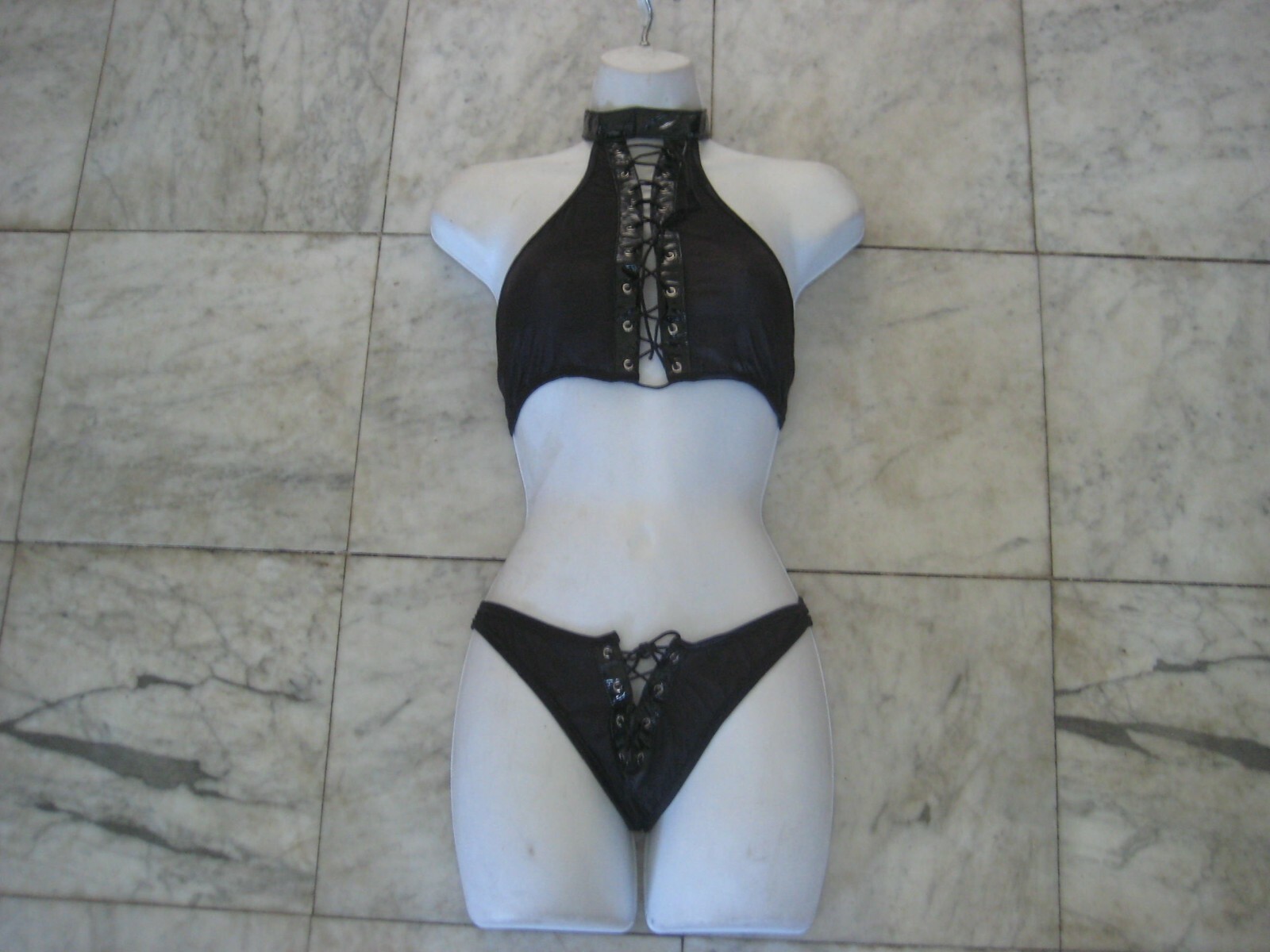 New 2 pc Black PVC / Mesh bra & thong set with Eyelets sexy FREE S&H RARE