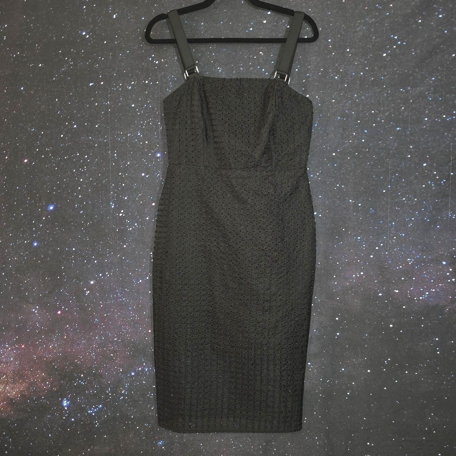 DKNY Dress Sz 4 Black Textured Eyelet Square Neck Sheath Midi NWT