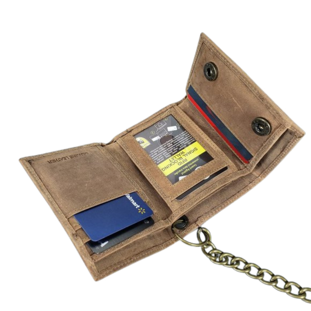 Mens Genuine Leather Motorcycle Trifold Biker Brown Wallet Brass Chain