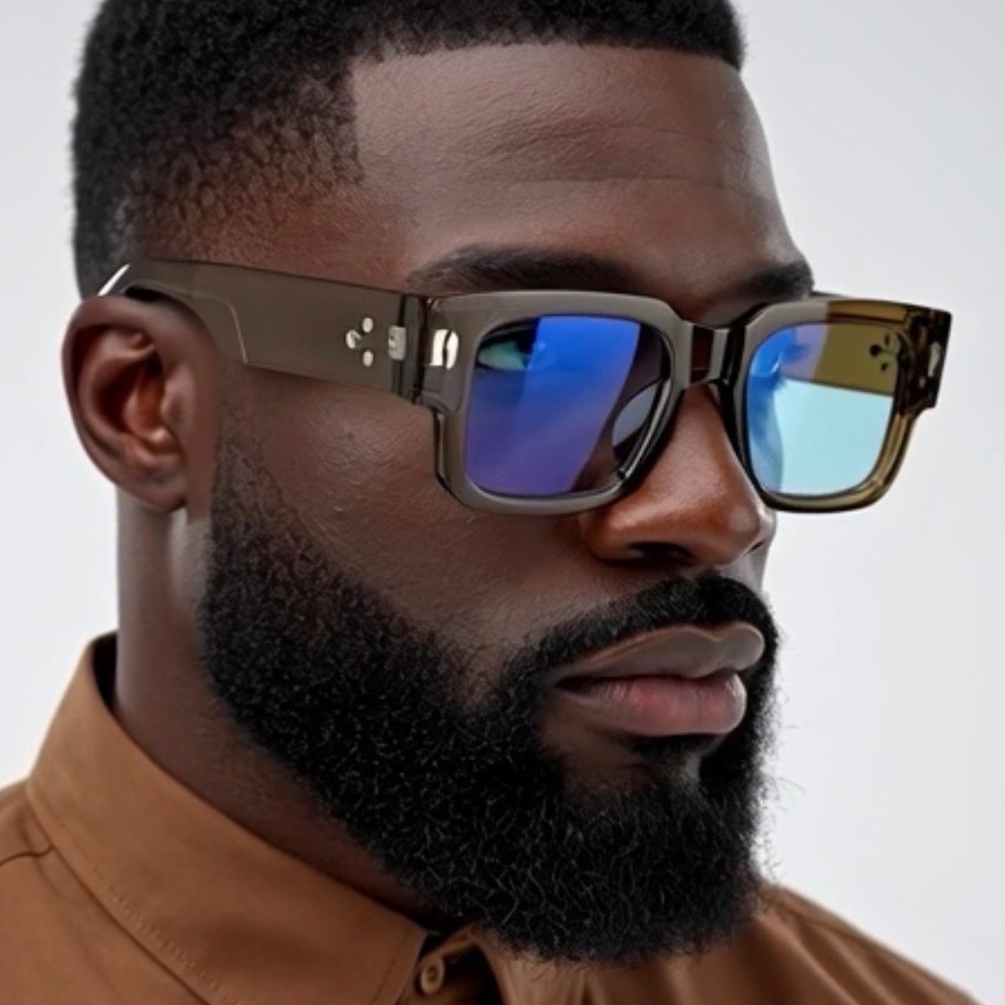 Mens Square Sunglasses Brown Translucent Frame Light Blue Lens Casual Modern New